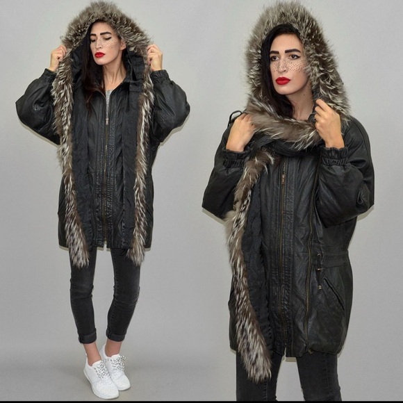 Women's Vintage European Black Leather Fur Trim Jacket M L XL - Picture 2 of 5